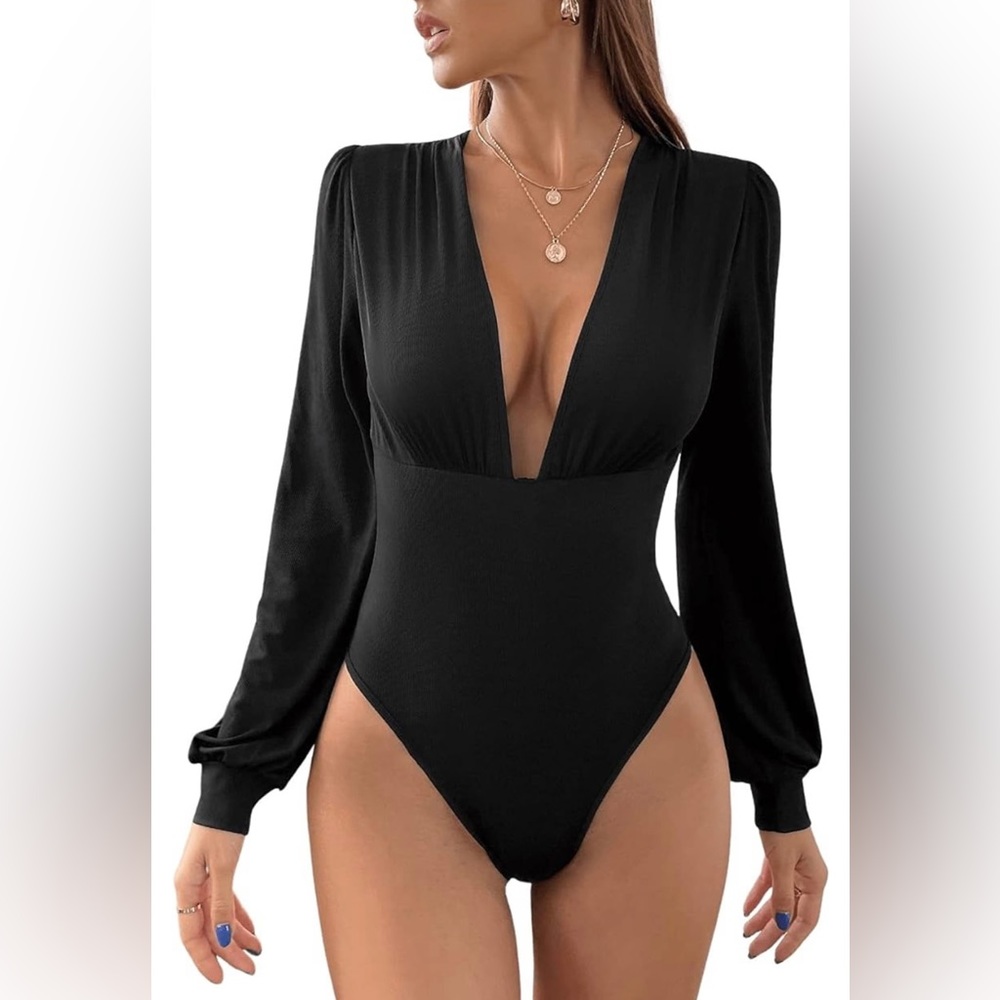 Black Plunging V Neck Sexy Long Sleeve Bodysuit / Top - XS